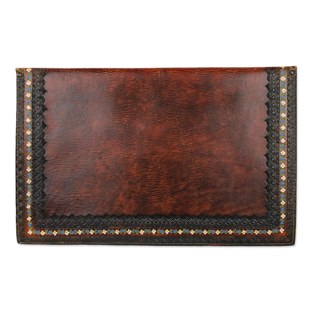 Dark Brown Leather Floral Heat Embossed Border Large Envelope Clutch