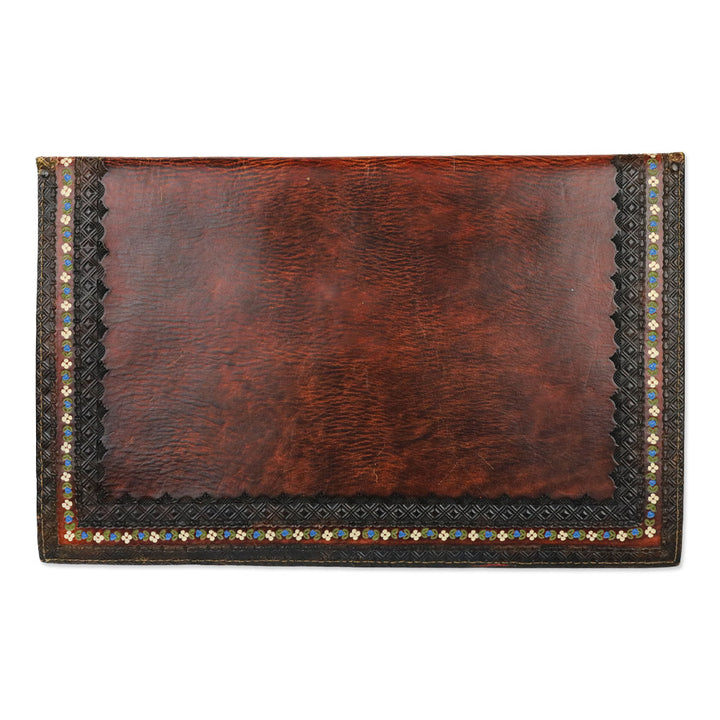 Dark Brown Leather Floral Heat Embossed Border Large Envelope Clutch