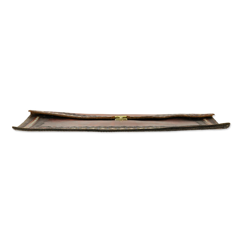 Dark Brown Leather Floral Heat Embossed Border Large Envelope Clutch