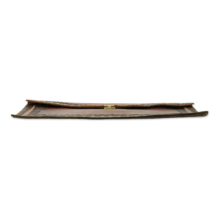 Dark Brown Leather Floral Heat Embossed Border Large Envelope Clutch