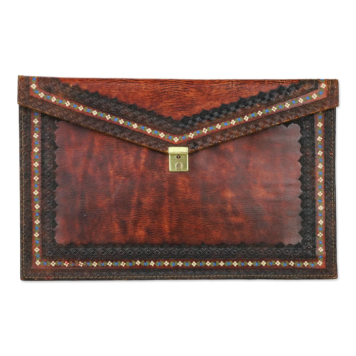 Dark Brown Leather Floral Heat Embossed Border Large Envelope Clutch