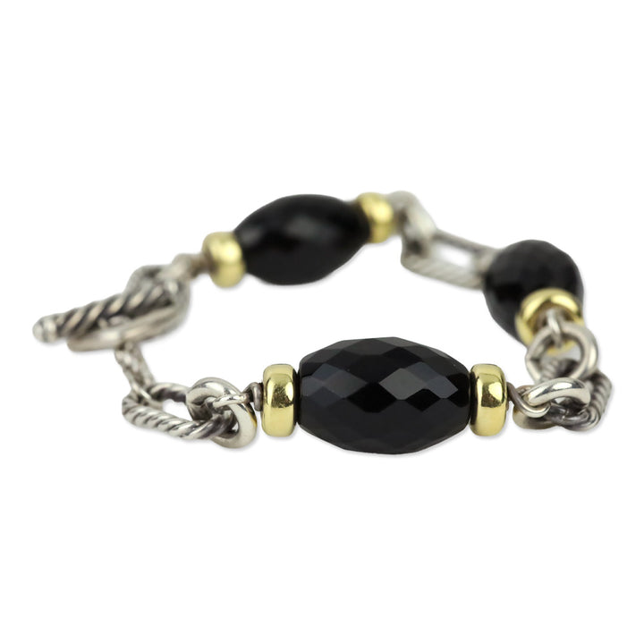 David Yurman Sterling Silver 18K Gold Onyx Bijoux Figaro Station Chain Link Bracelet