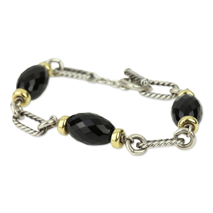 David Yurman Sterling Silver 18K Gold Onyx Bijoux Figaro Station Chain Link Bracelet