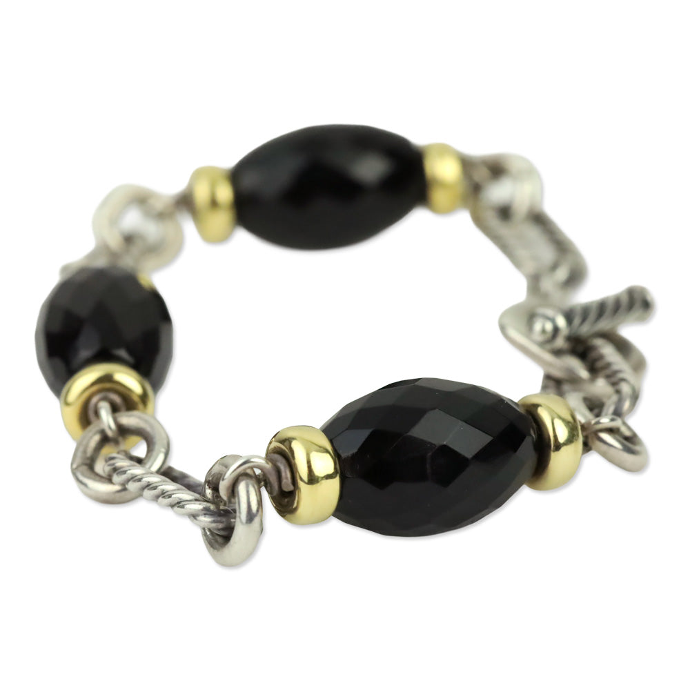 David Yurman Sterling Silver 18K Gold Onyx Bijoux Figaro Station Chain Link Bracelet