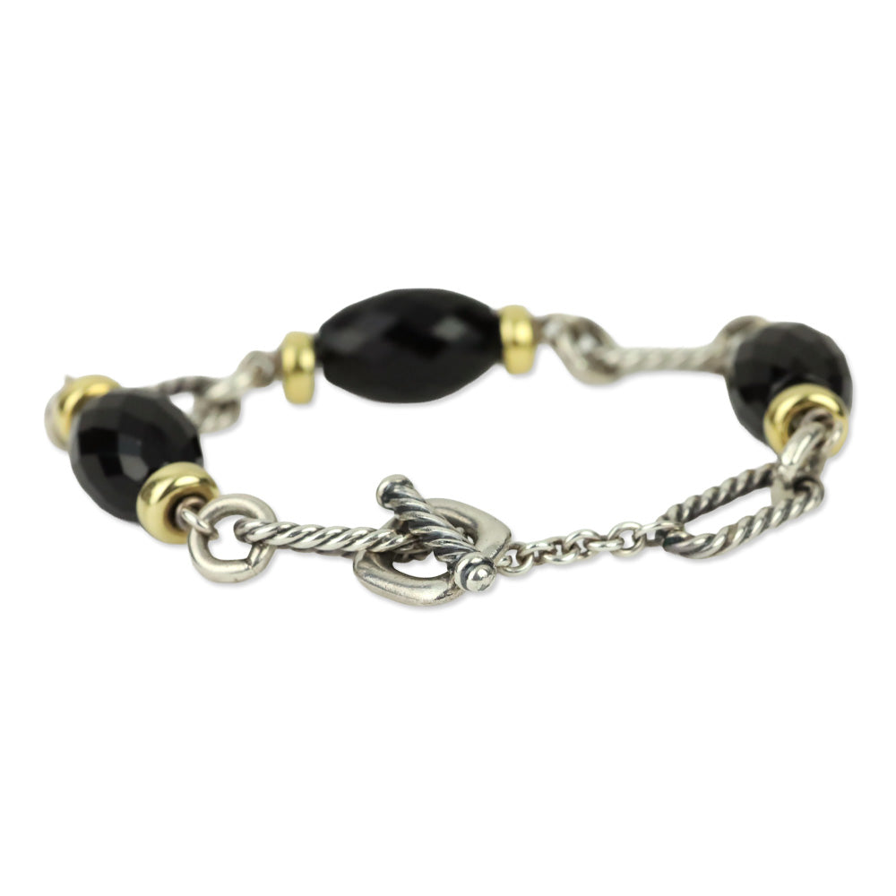David Yurman Sterling Silver 18K Gold Onyx Bijoux Figaro Station Chain Link Bracelet
