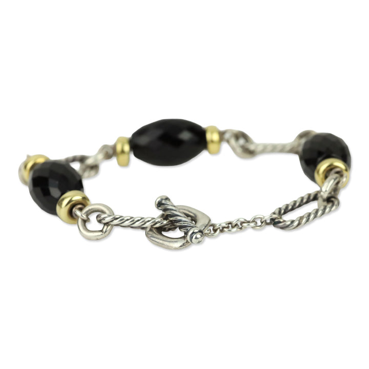 David Yurman Sterling Silver 18K Gold Onyx Bijoux Figaro Station Chain Link Bracelet