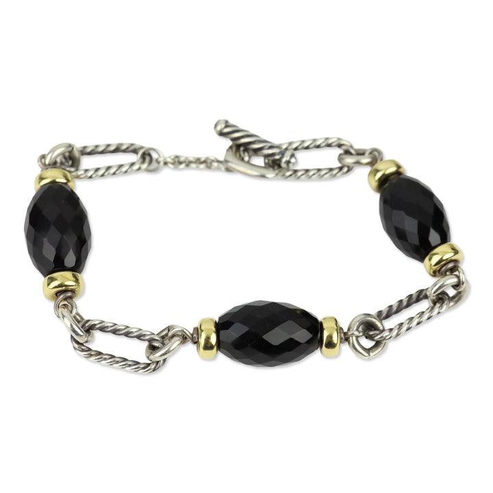 David Yurman Sterling Silver 18K Gold Onyx Bijoux Figaro Station Chain Link Bracelet