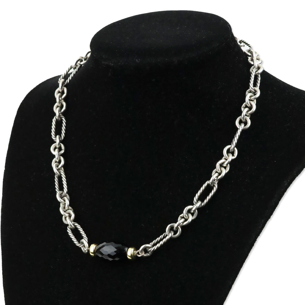 David Yurman Sterling Silver 18K Gold Onyx Bijoux Figaro Station Chain Link Necklace