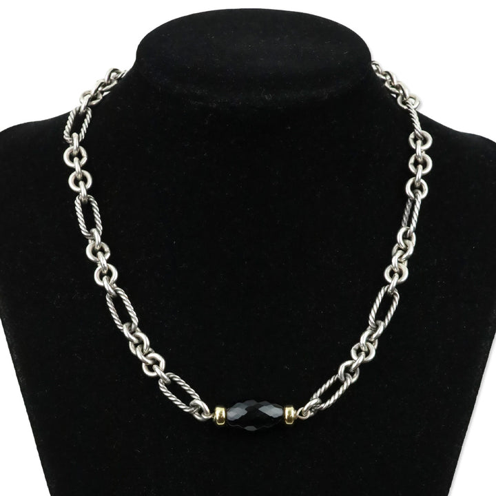 David Yurman Sterling Silver 18K Gold Onyx Bijoux Figaro Station Chain Link Necklace