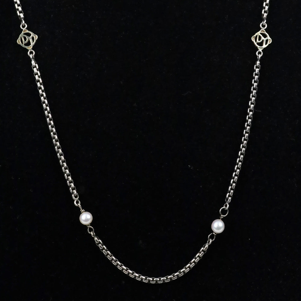 David Yurman Sterling Silver & 14k Gold Pearl Logo Station Box Chain Necklace
