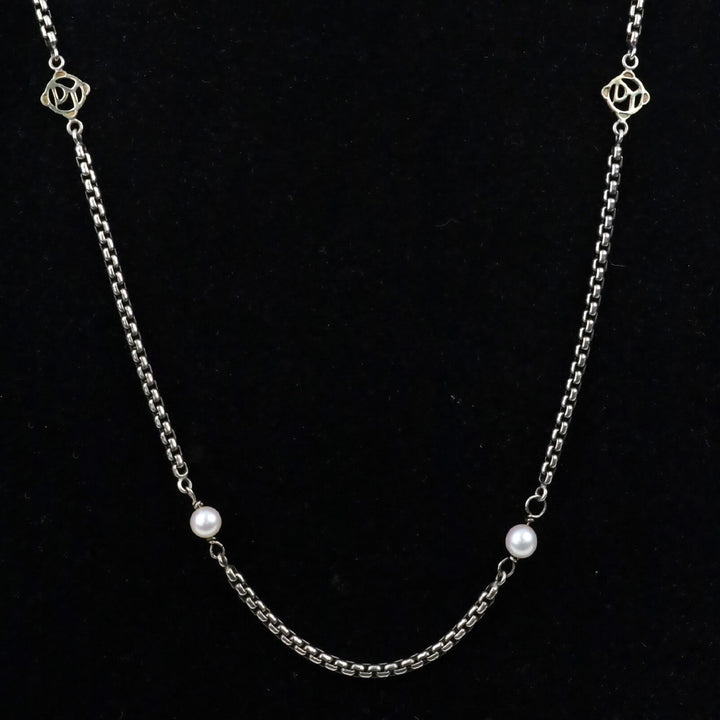 David Yurman Sterling Silver & 14k Gold Pearl Logo Station Box Chain Necklace
