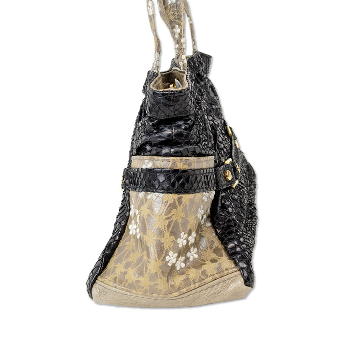 R&Y Augousti Snake Skin Shoulder Bag with Embroidery Accents