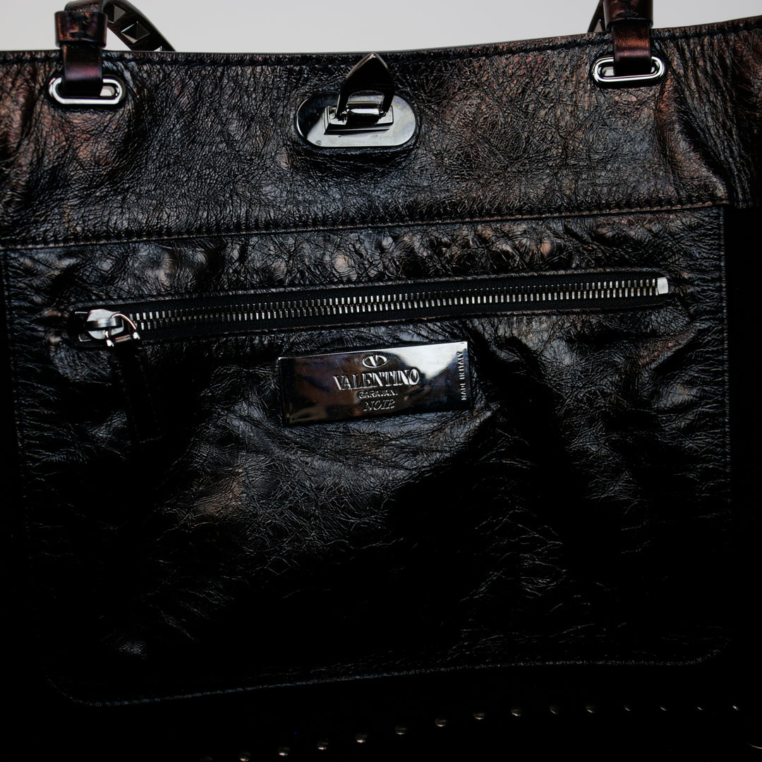 Valentino Metallic Crinkled Black Leather Rockstud Tote Bag