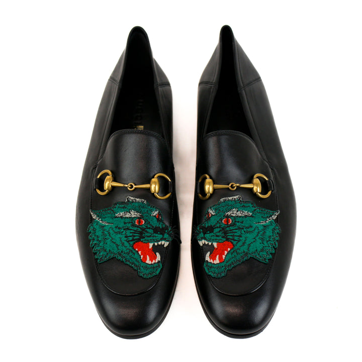 Gucci Men's Brixton Black Leather Tiger Horsebit Loafers