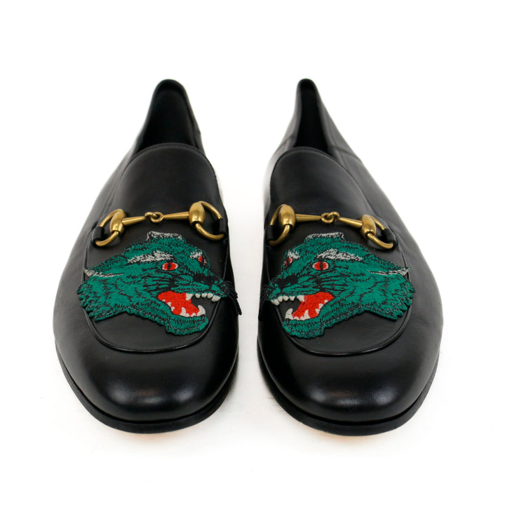 Gucci Men's Brixton Black Leather Tiger Horsebit Loafers