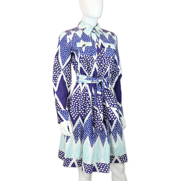 Diane Von Furstenberg Blue/Teal Diamond Dot Print Belted Shirtdress
