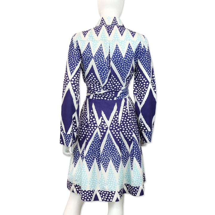 Diane Von Furstenberg Blue/Teal Diamond Dot Print Belted Shirtdress
