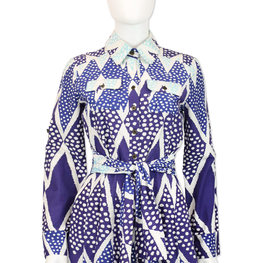 Diane Von Furstenberg Blue/Teal Diamond Dot Print Belted Shirtdress