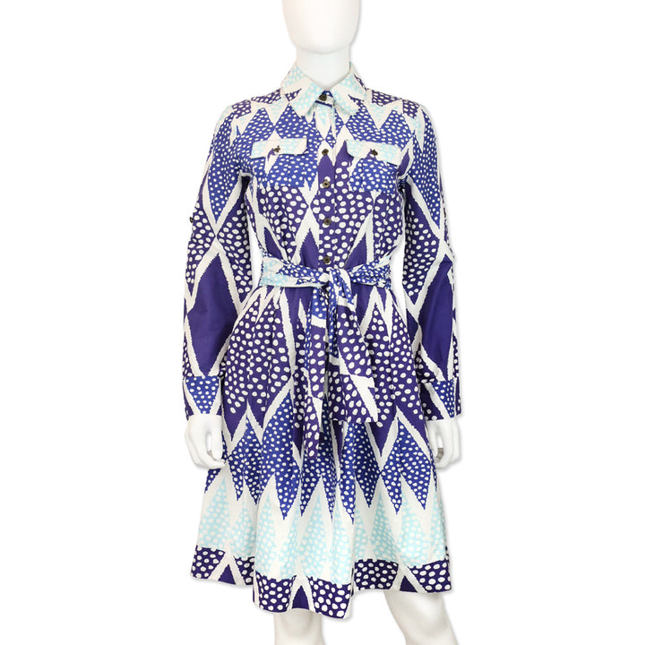 Diane Von Furstenberg Blue/Teal Diamond Dot Print Belted Shirtdress