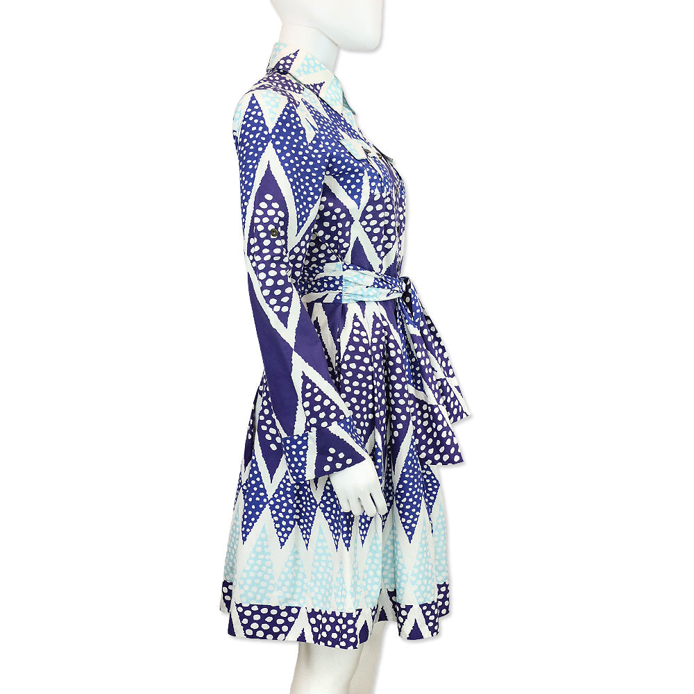 Diane Von Furstenberg Blue/Teal Diamond Dot Print Belted Shirtdress