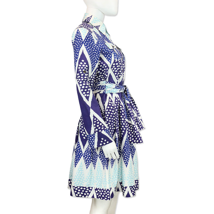 Diane Von Furstenberg Blue/Teal Diamond Dot Print Belted Shirtdress