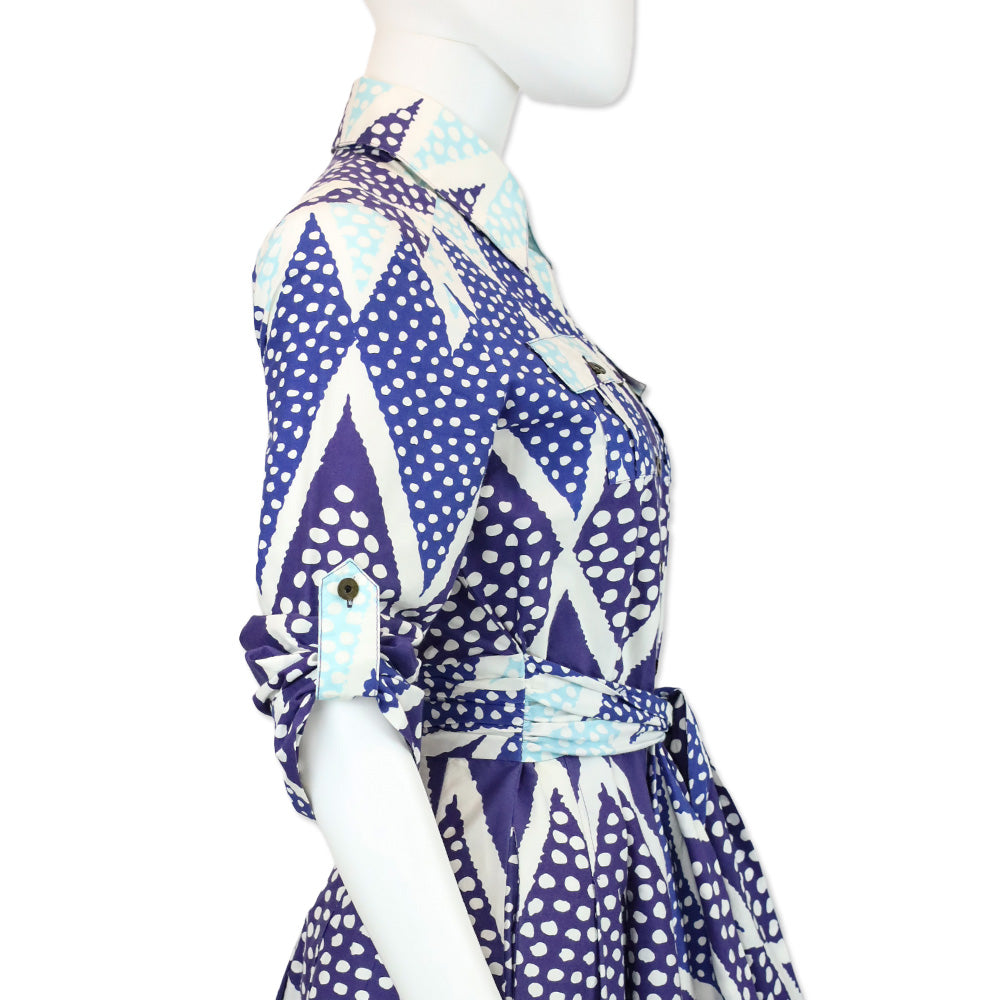 Diane Von Furstenberg Blue/Teal Diamond Dot Print Belted Shirtdress