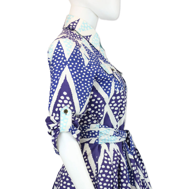 Diane Von Furstenberg Blue/Teal Diamond Dot Print Belted Shirtdress