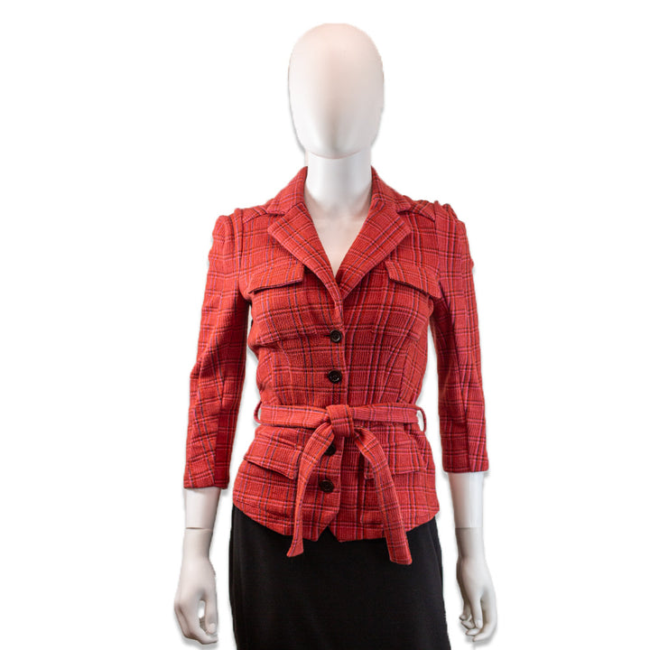 Diane von Furstenberg Pink Plaid Belted Peplum Blazer