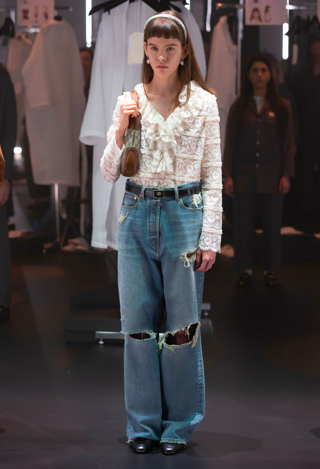 Gucci Ecru Ruffle V-Neck Lace Floral Blouse