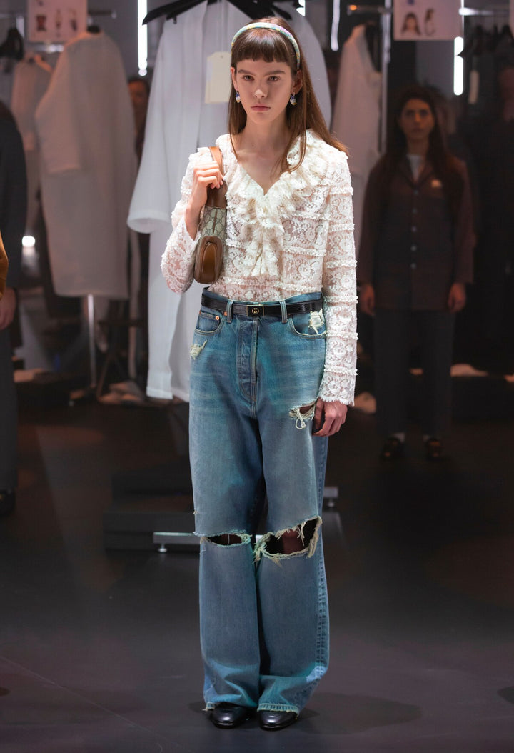 Gucci Ecru Ruffle V-Neck Lace Floral Blouse