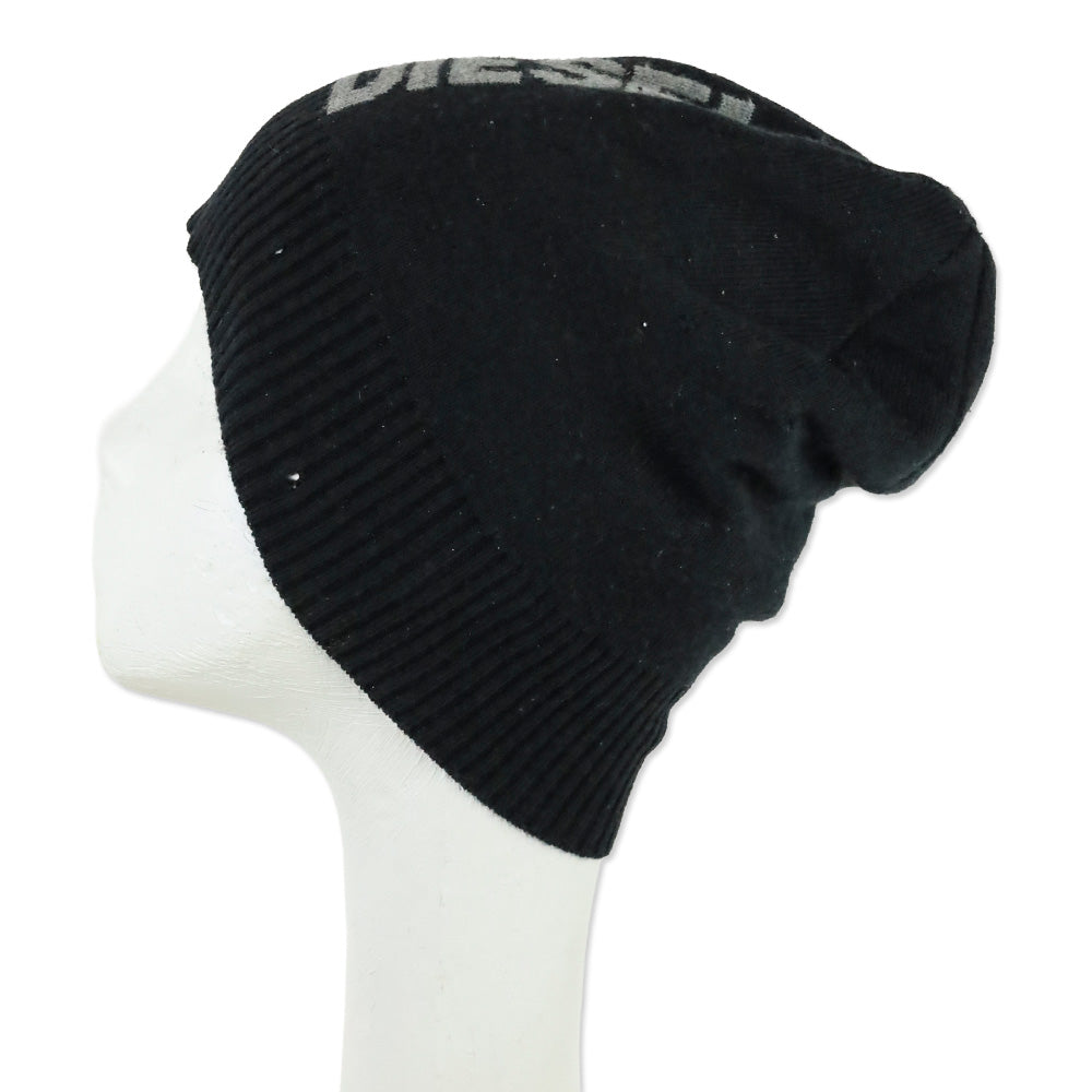 Diesel Black Ribbed Knit Logo Beanie