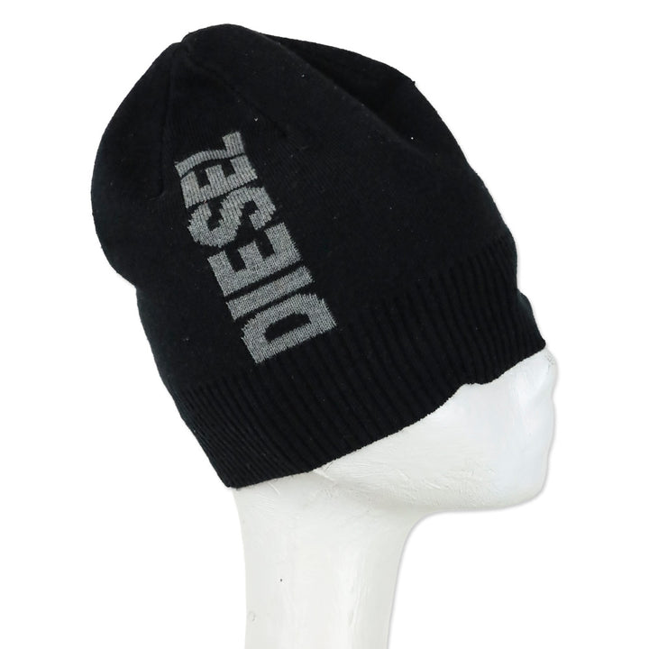 Diesel Black Ribbed Knit Logo Beanie