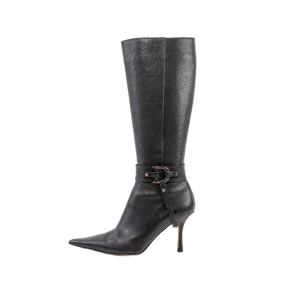 Dior Black Leather Pointed Toe Ankle Strap Calf Boots