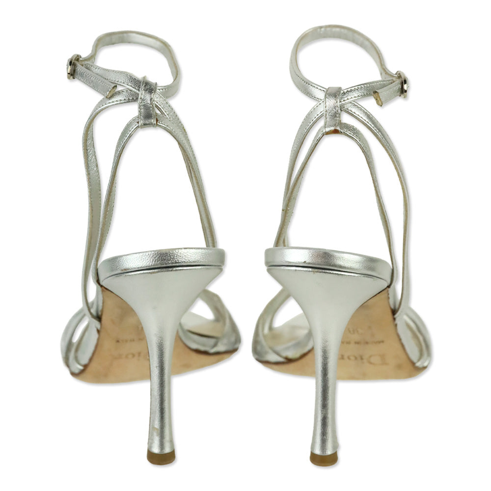 Dior Metallic Silver Leather Ankle Strap Sandal