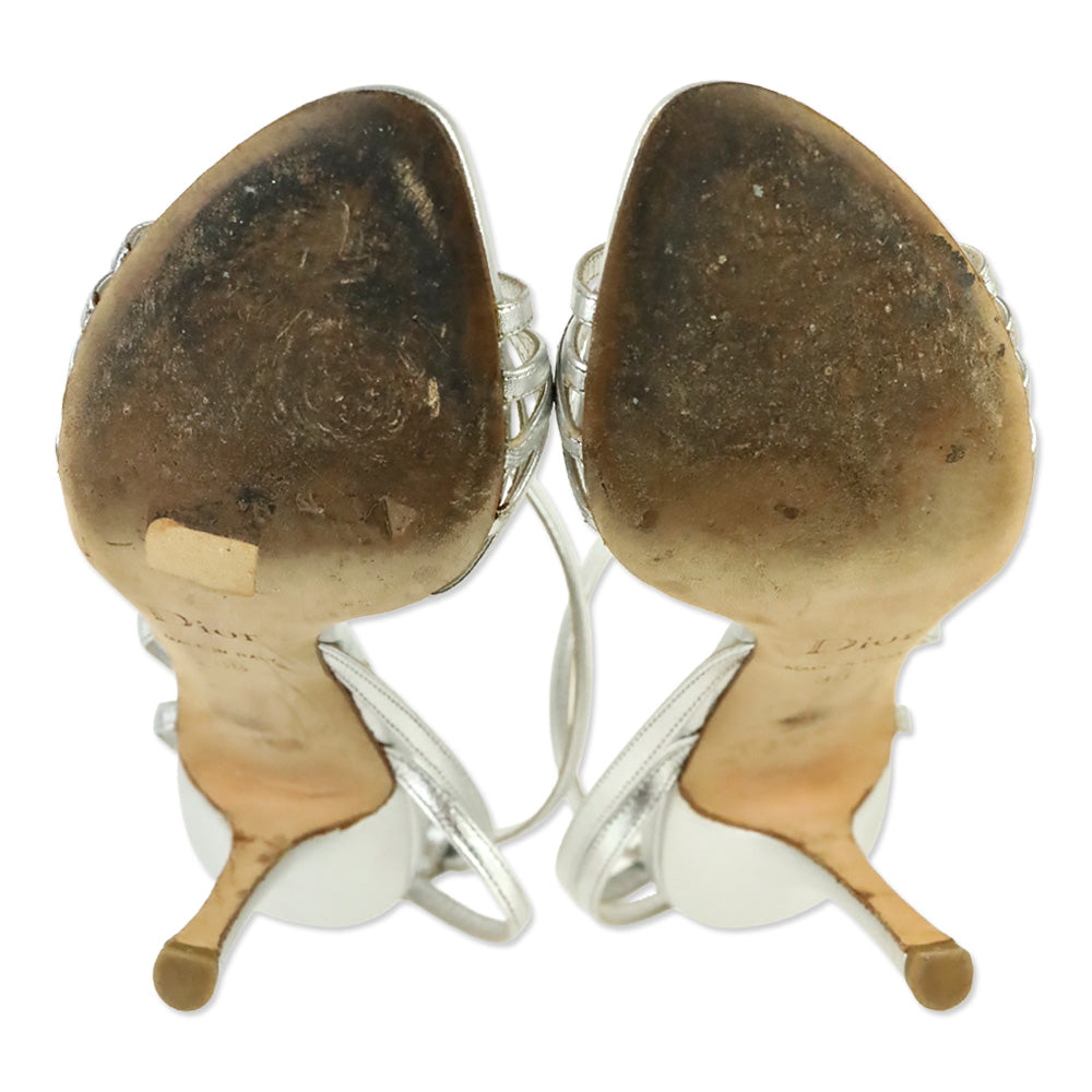 Dior Metallic Silver Leather Ankle Strap Sandal