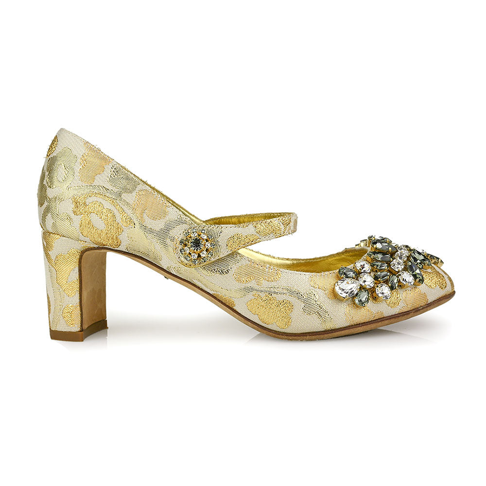 Dolce & Gabbana Gold Jacquard Crystal Embellished Mary Jane Pumps