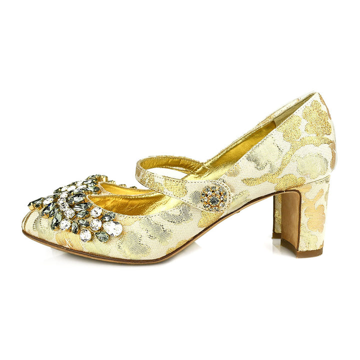 Dolce & Gabbana Gold Jacquard Crystal Embellished Mary Jane Pumps