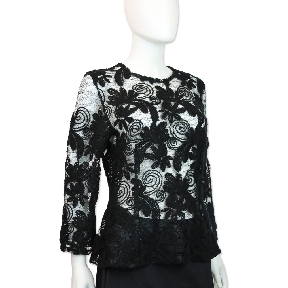 Dolce & Gabbana Black Floral Crochet Lace Mesh Long Sleeve Top