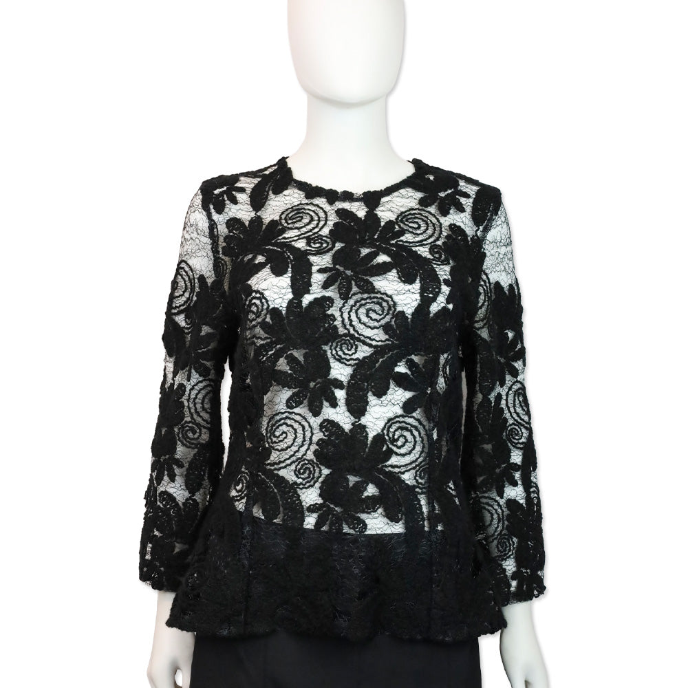 Dolce & Gabbana Black Floral Crochet Lace Mesh Long Sleeve Top