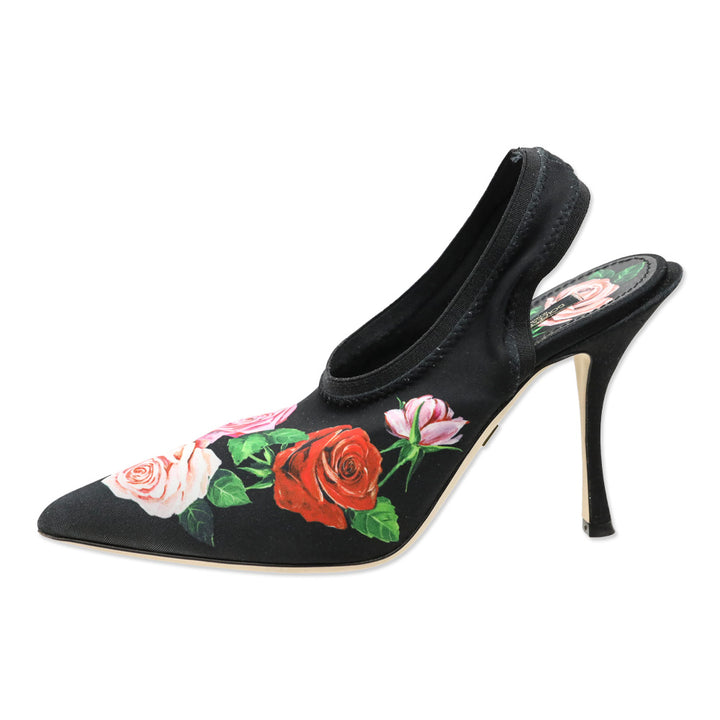 Dolce & Gabbana Black Mix Rose Print Jersey Slingback Pumps