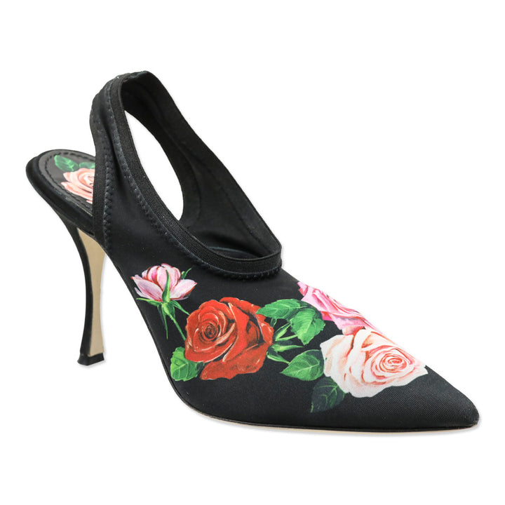 Dolce & Gabbana Black Mix Rose Print Jersey Slingback Pumps