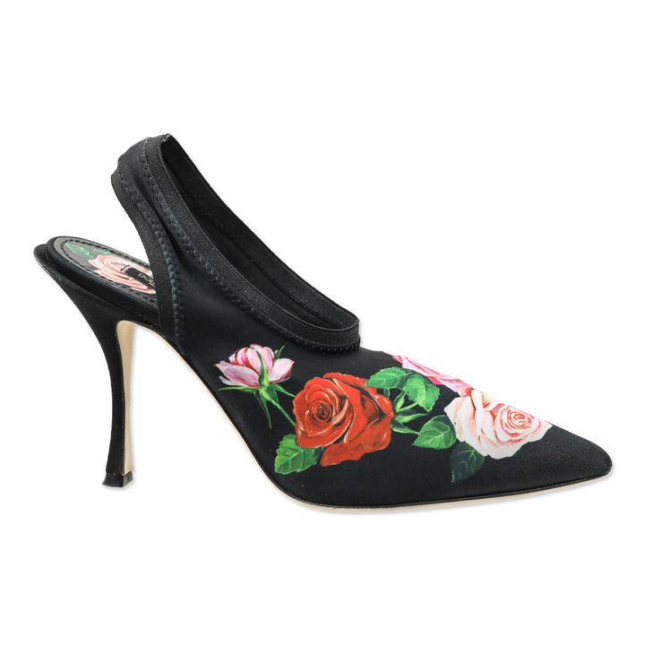 Dolce & Gabbana Black Mix Rose Print Jersey Slingback Pumps