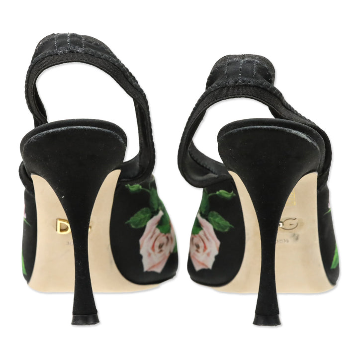 Dolce & Gabbana Black Mix Rose Print Jersey Slingback Pumps