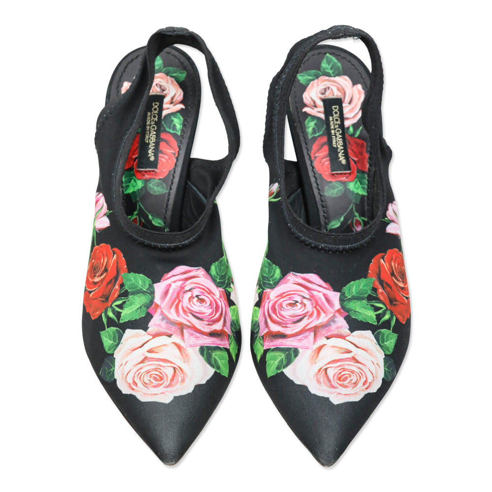 Dolce & Gabbana Black Mix Rose Print Jersey Slingback Pumps