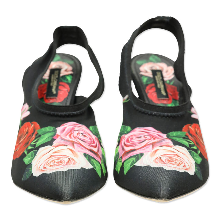 Dolce & Gabbana Black Mix Rose Print Jersey Slingback Pumps