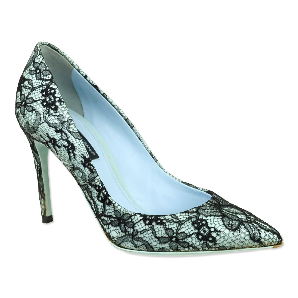 Dolce & Gabbana Black Patent Leather and Blue Lace Pointed Toe Pumps