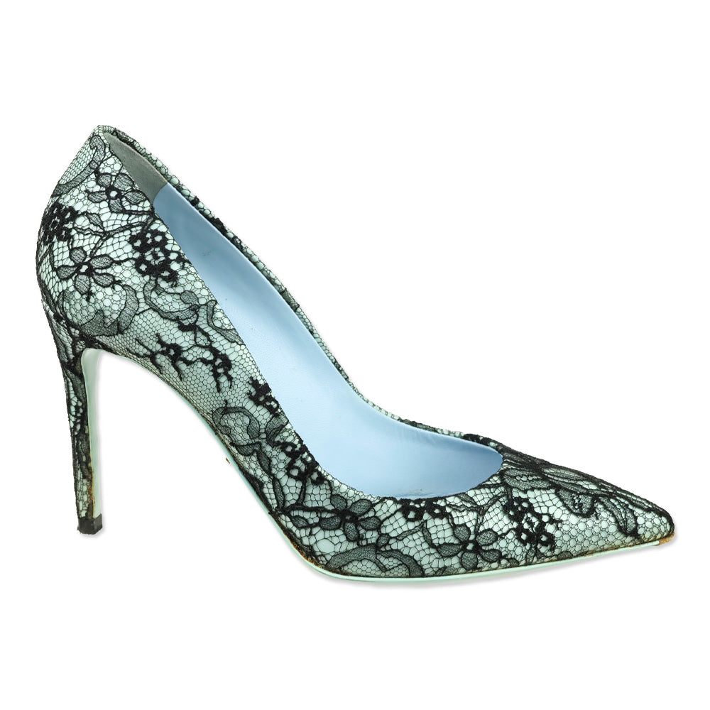 Dolce & Gabbana Black Patent Leather and Blue Lace Pointed Toe Pumps