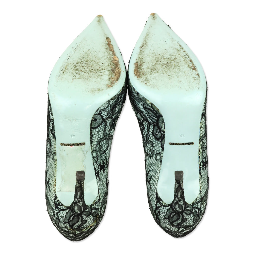 Dolce & Gabbana Black Patent Leather and Blue Lace Pointed Toe Pumps