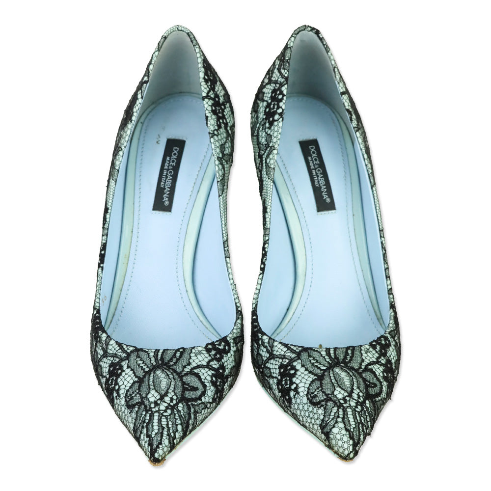 Dolce & Gabbana Black Patent Leather and Blue Lace Pointed Toe Pumps