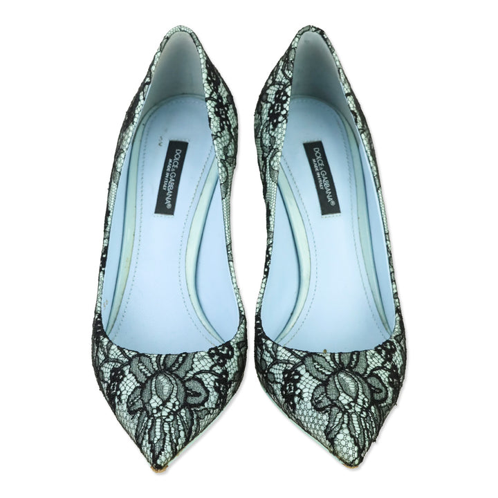 Dolce & Gabbana Black Patent Leather and Blue Lace Pointed Toe Pumps